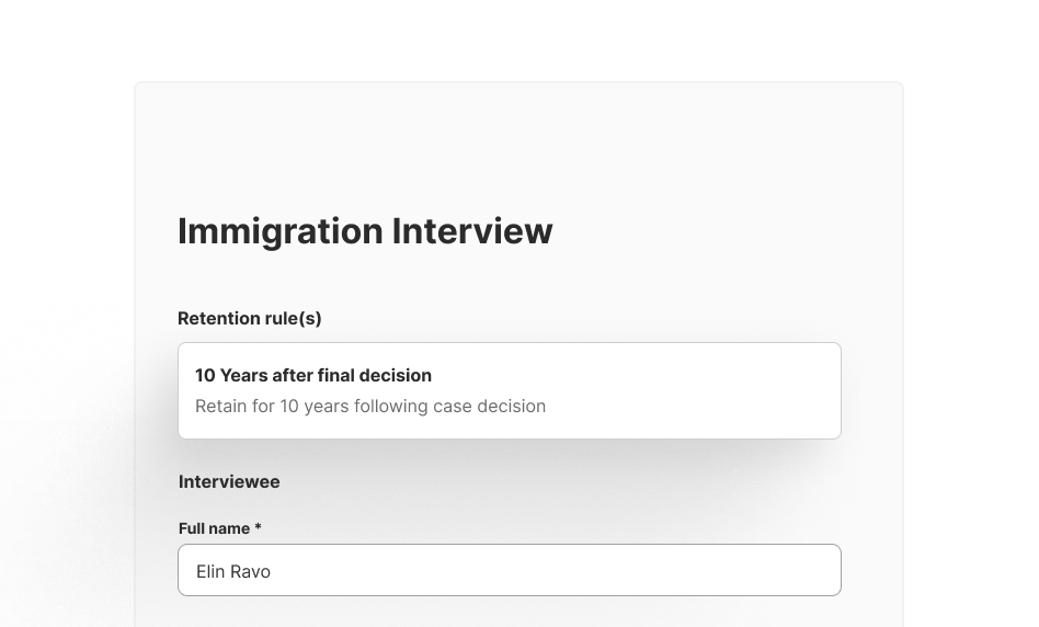 Form labeled ‘Immigration interview’ showing a 10 year retention rule
