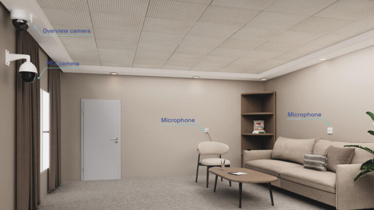 Interview room fitted with ceiling-mounted cameras and wall microphones