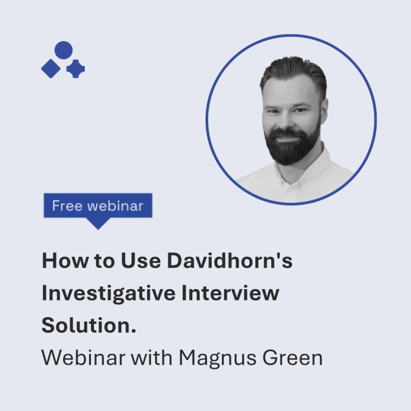 Promotional graphic for a free webinar titled 'How to Use Davidhorn's Investigative Interview Solution,' hosted by Magnus Green. Features a blue speech bubble icon with the text 'Free webinar' and a blurred-out image of a person inside a blue circle.