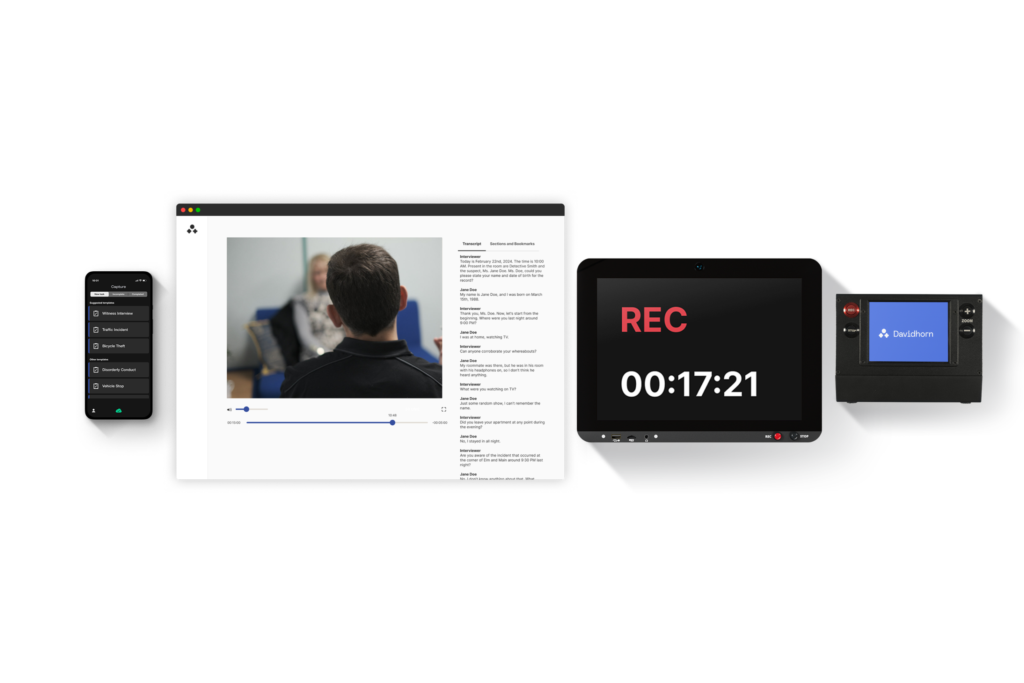 A lineup of Davidhorn interview recording solutions and the Ark Interview Management platform—featuring the Capture app on a smartphone, alongside fixed and portable recorders—highlighting seamless integration, real-time recording, and cross-platform accessibility for modern police interview recording.