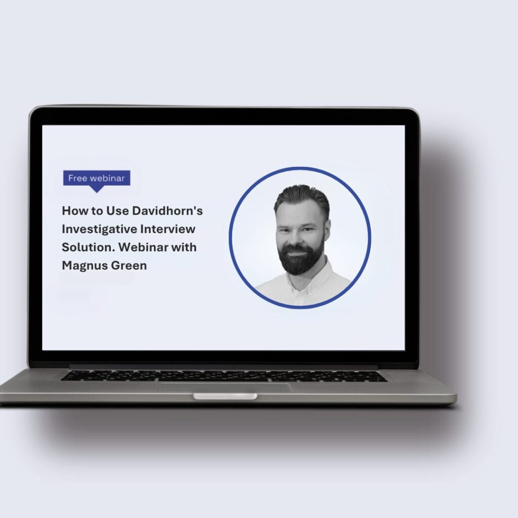 Promotional graphic for a free webinar titled 'How to Use Davidhorn's Investigative Interview Solution,' hosted by Magnus Green. Features a blue speech bubble icon with the text 'Free webinar' and a blurred-out image of a person inside a blue circle.