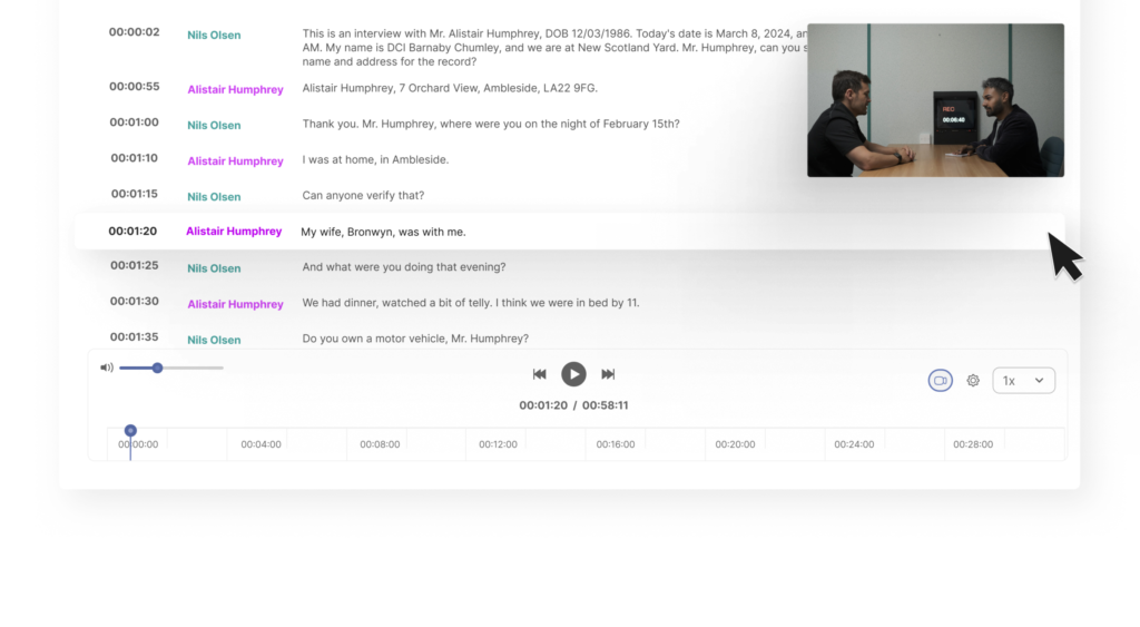 Built-in editor for reviewing and correcting automatic transcription of police interview video and audio.