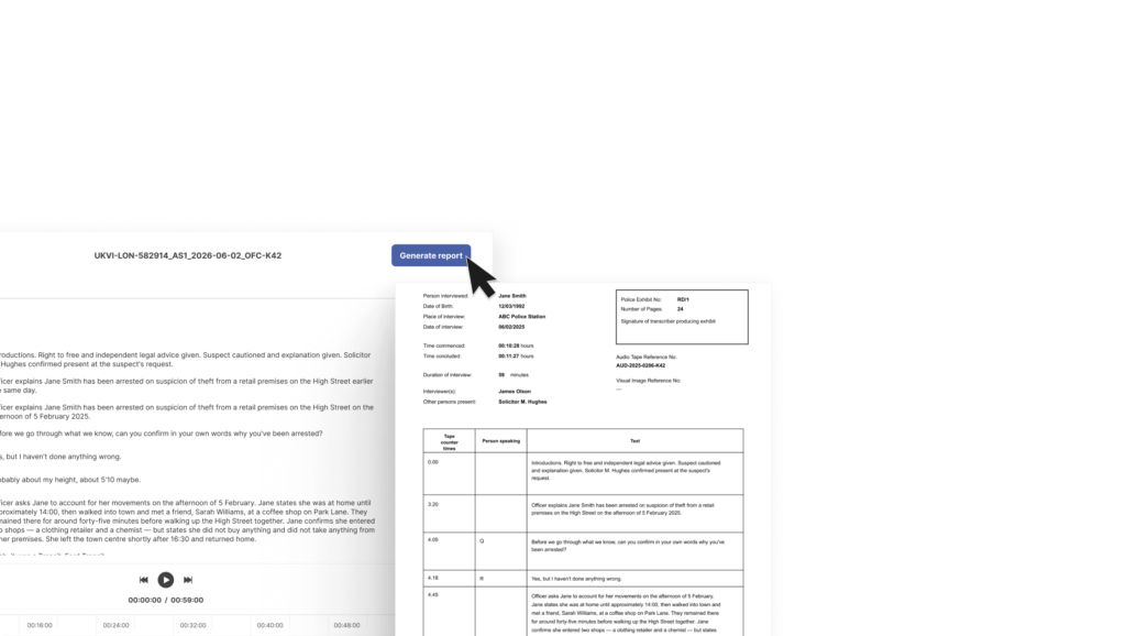 Customisable report template for transcription of police interviews in Davidhorn Ark Interview Management